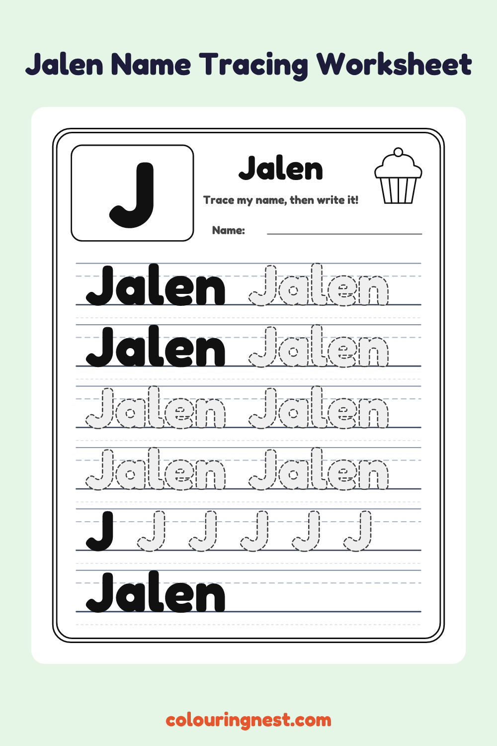 Jalen Name Tracing Worksheet: free printable black-and-white line art
