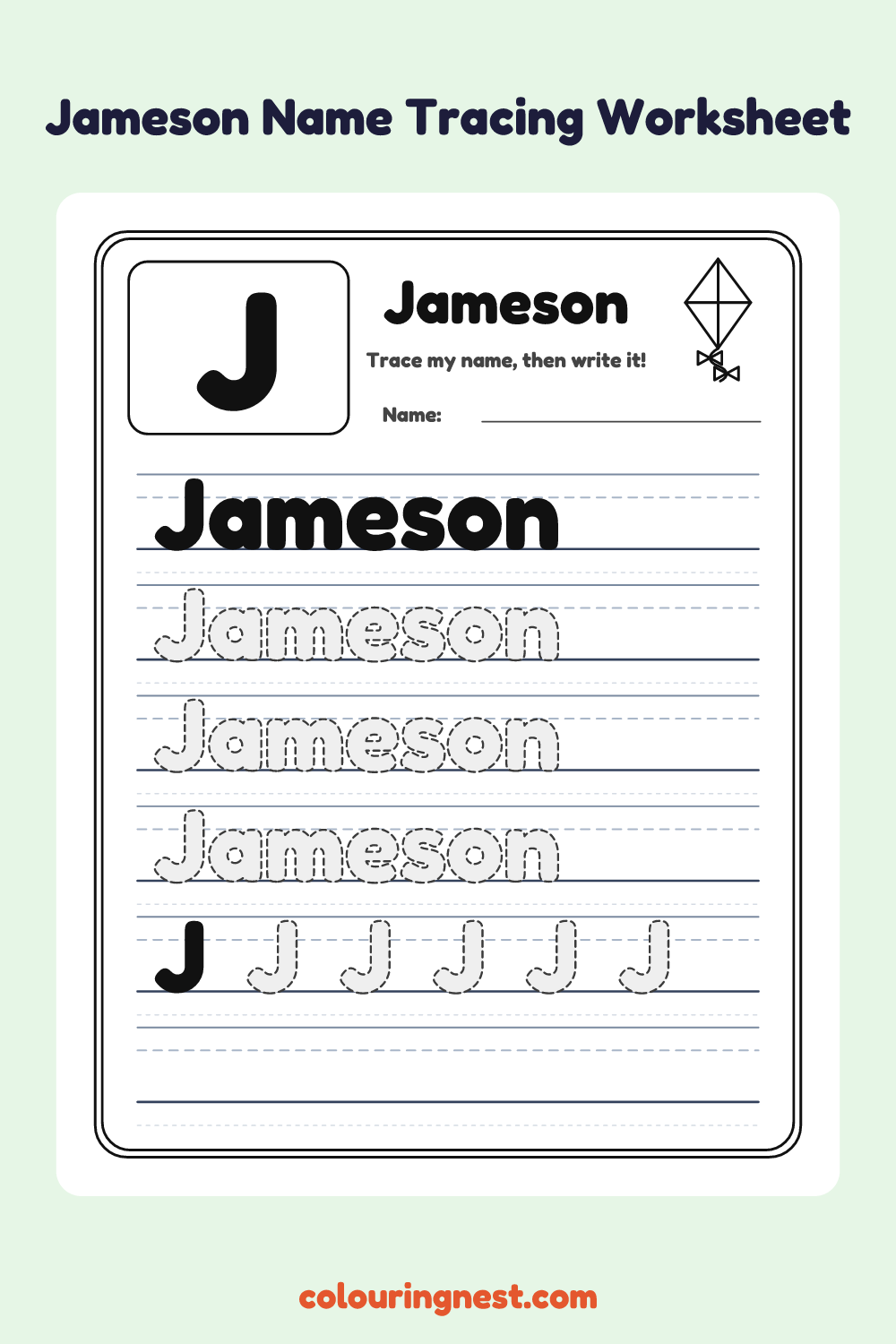 Jameson Name Tracing Worksheet: free printable black-and-white line art