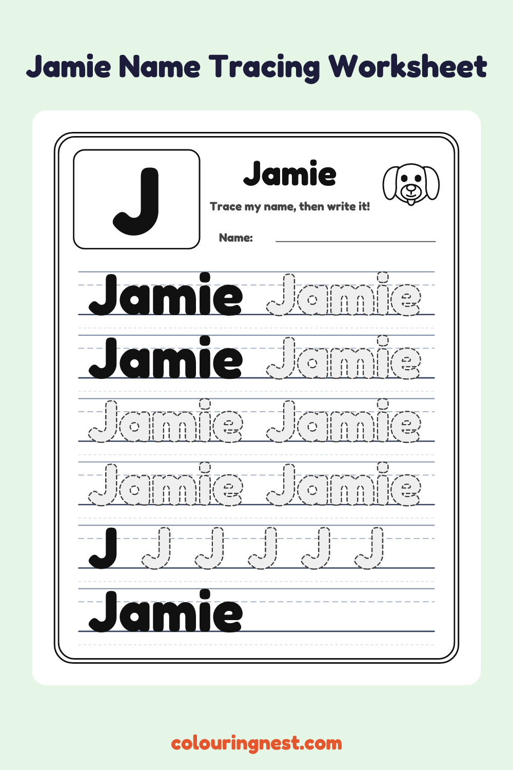 Jamie Name Tracing Worksheet: free printable black-and-white line art