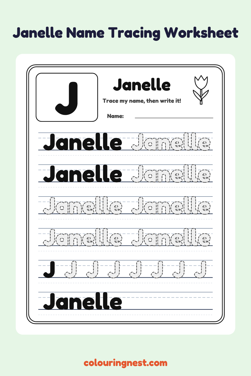 Janelle Name Tracing Worksheet: free printable black-and-white line art