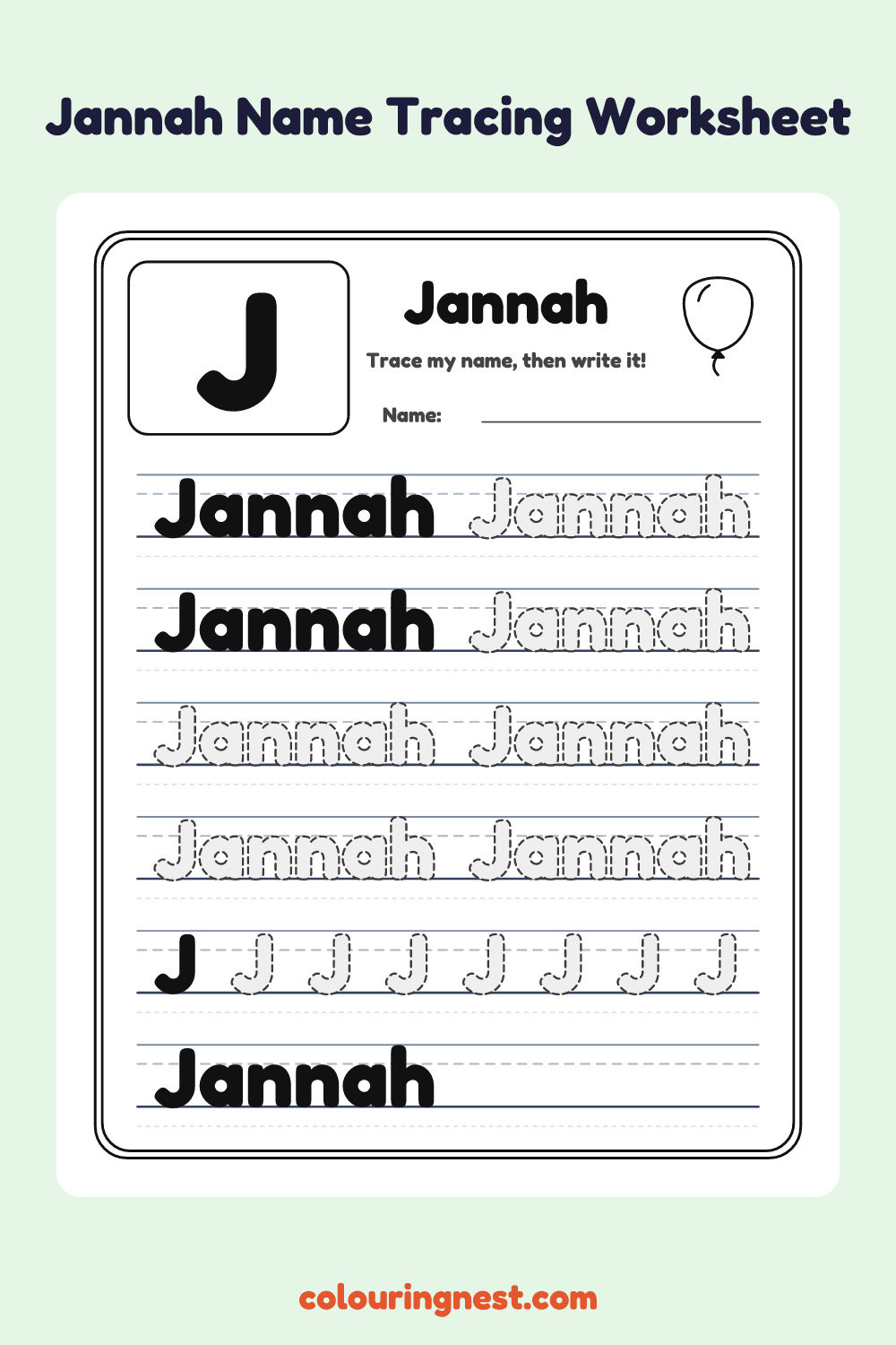 Jannah Name Tracing Worksheet: free printable black-and-white line art