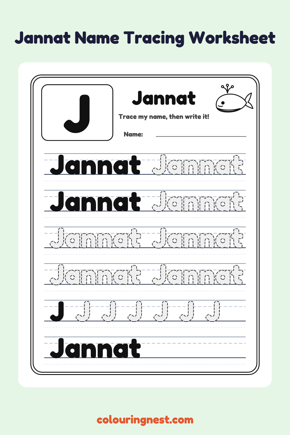 Jannat Name Tracing Worksheet: free printable black-and-white line art