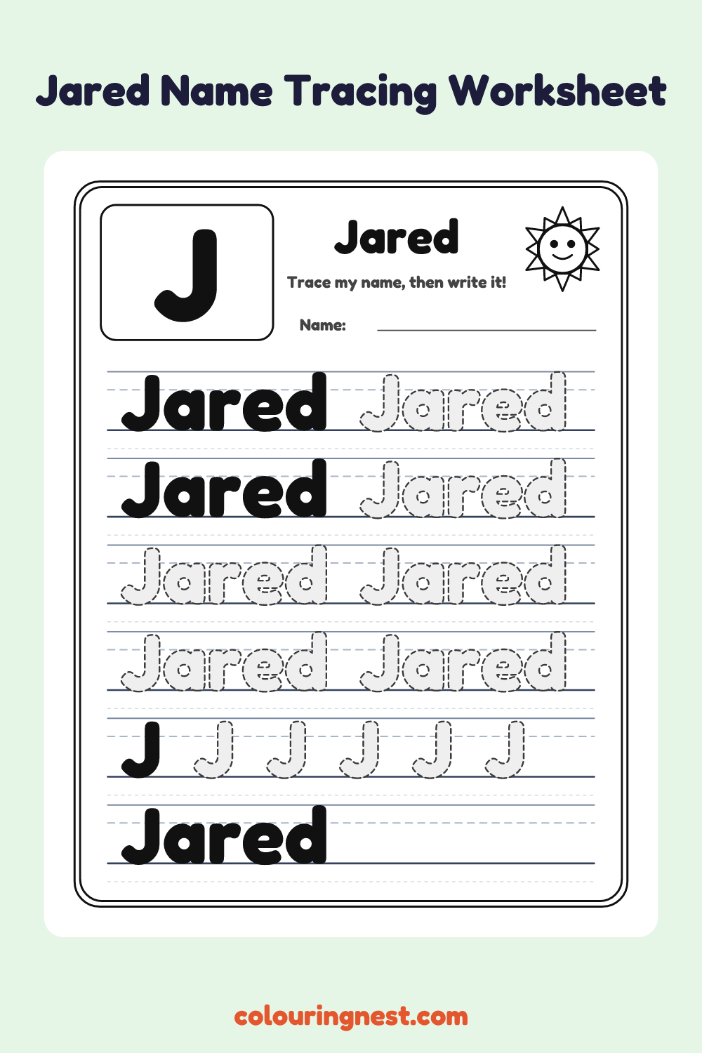 Jared Name Tracing Worksheet: free printable black-and-white line art
