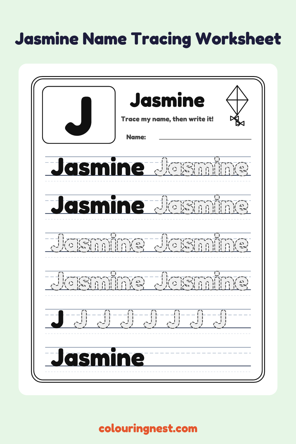 Jasmine Name Tracing Worksheet: free printable black-and-white line art