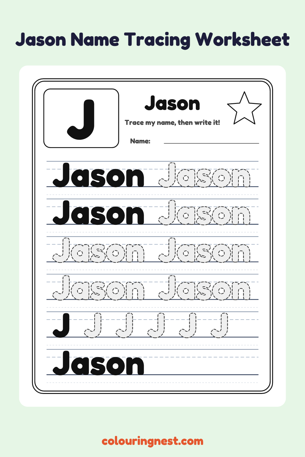 Jason Name Tracing Worksheet: free printable black-and-white line art