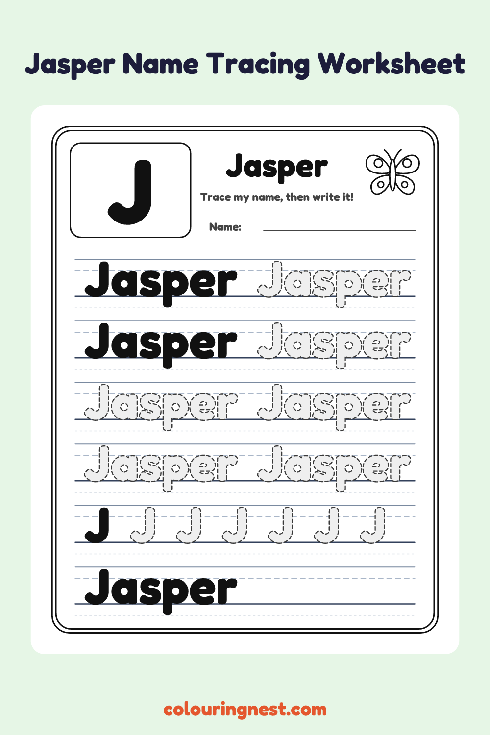 Jasper Name Tracing Worksheet: free printable black-and-white line art