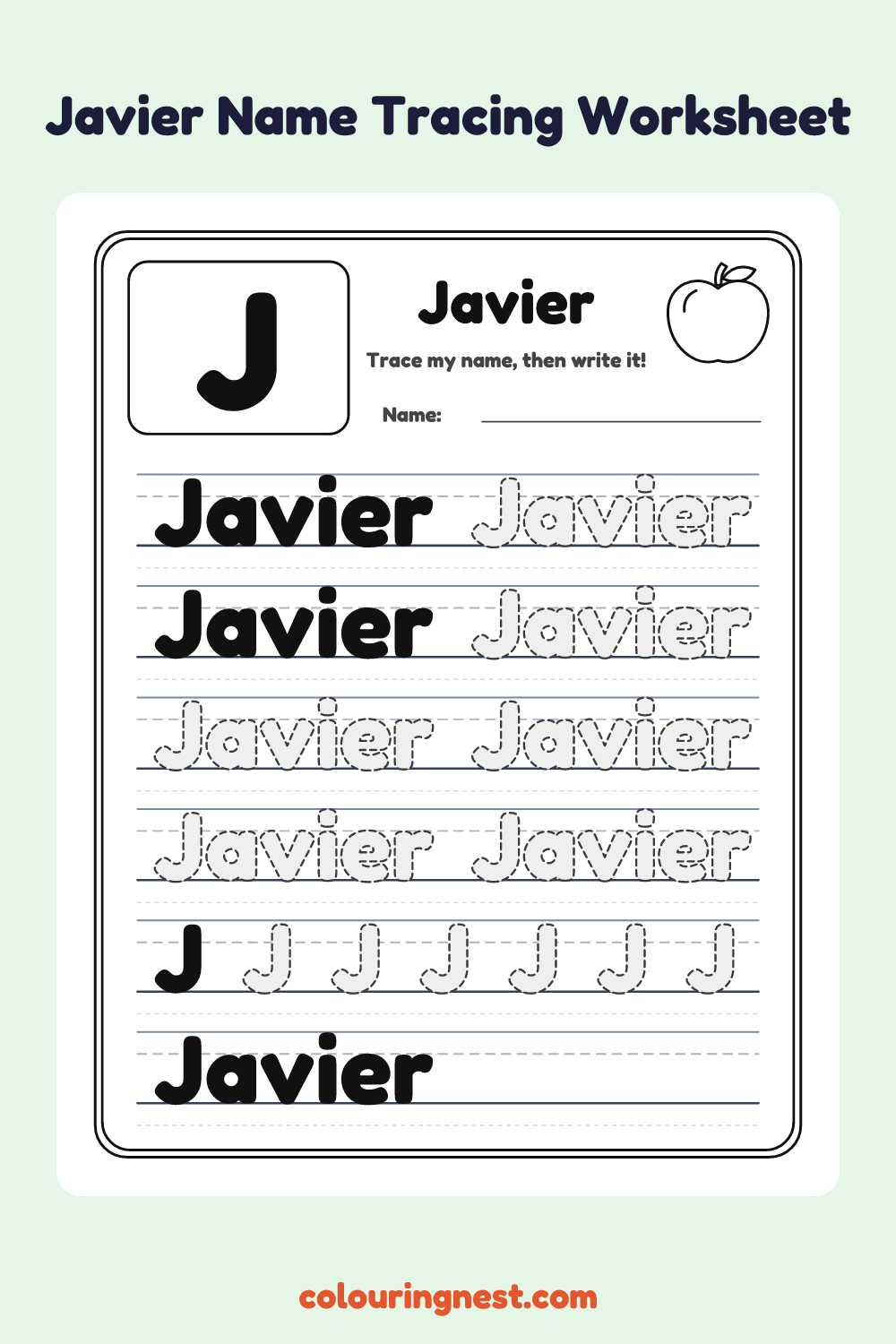 Javier Name Tracing Worksheet: free printable black-and-white line art