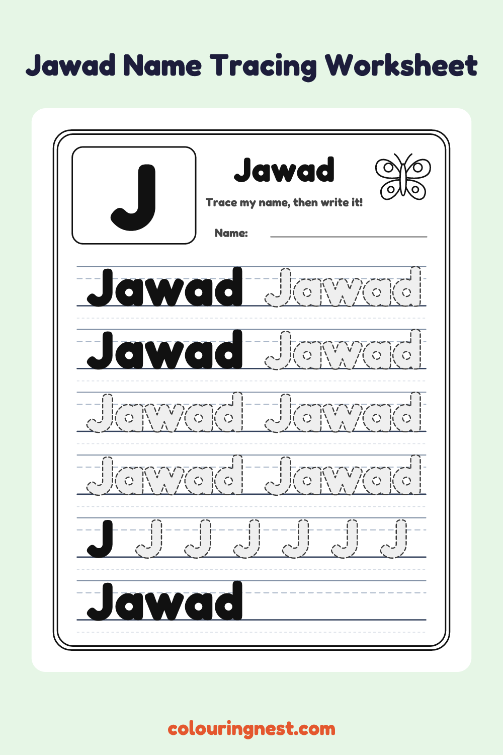 Jawad Name Tracing Worksheet: free printable black-and-white line art