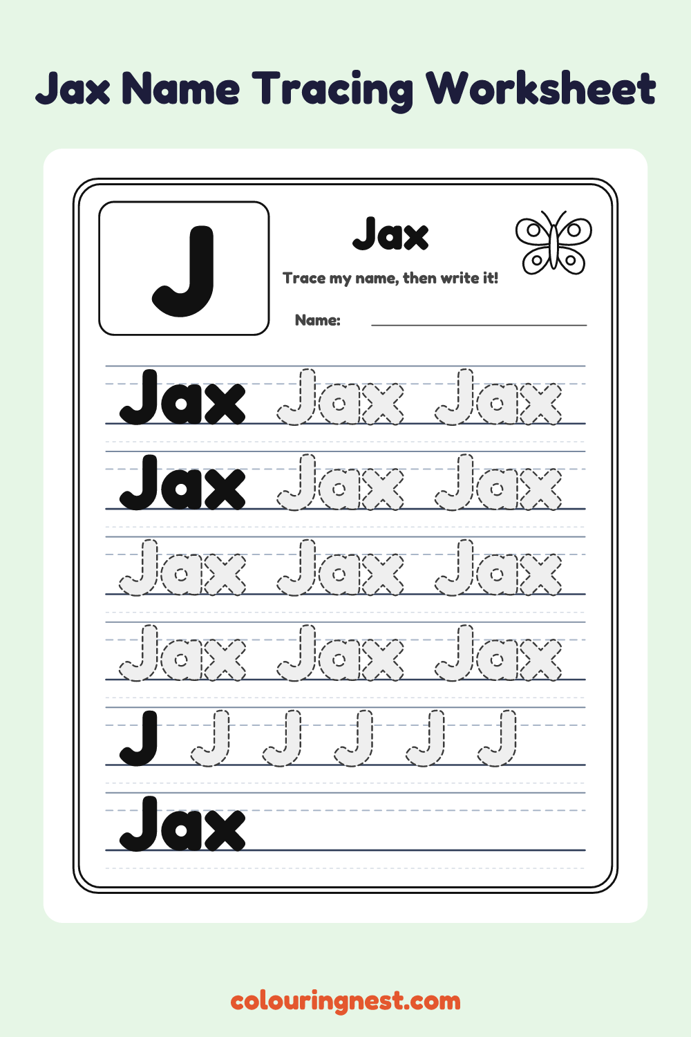 Jax Name Tracing Worksheet: free printable black-and-white line art