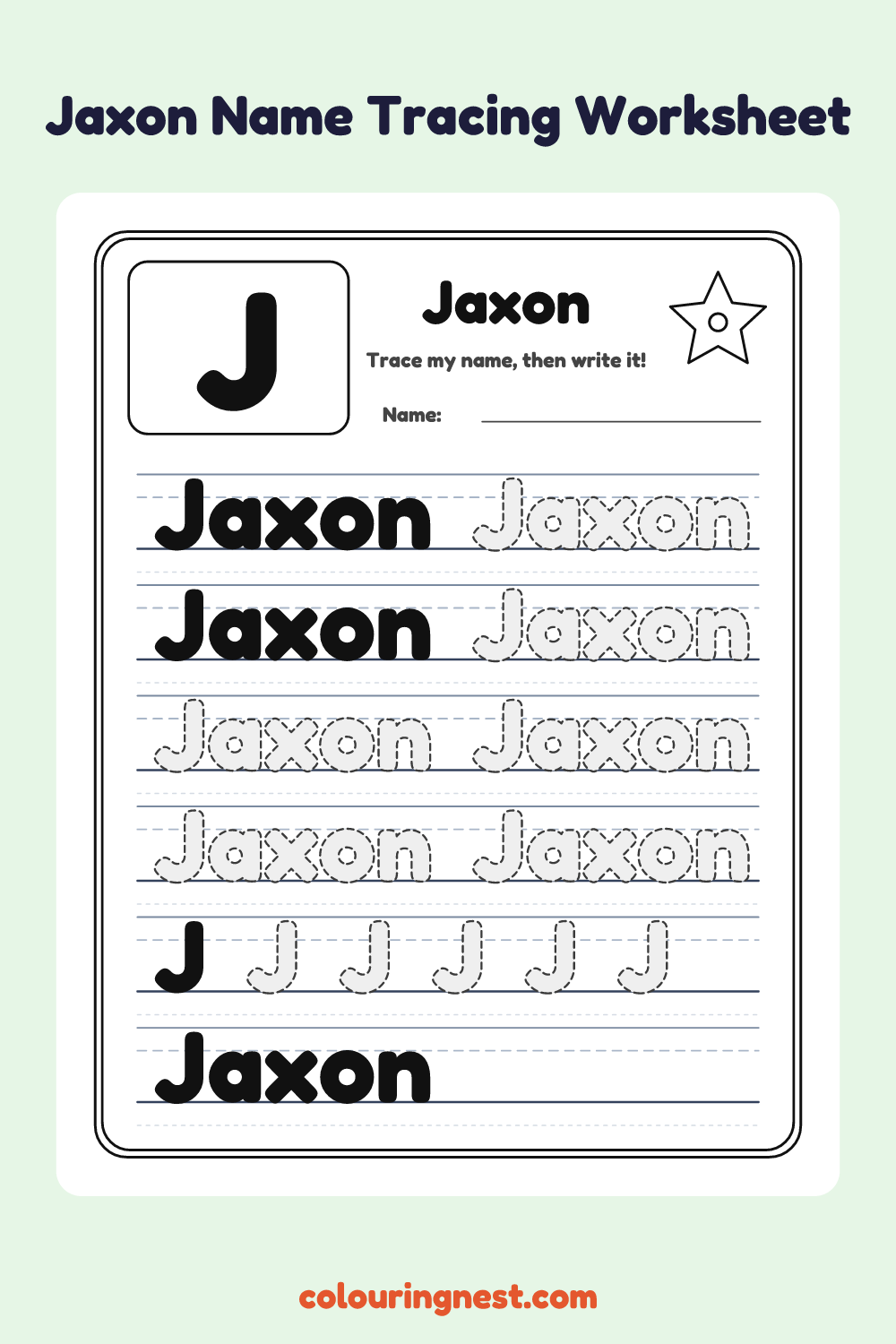 Jaxon Name Tracing Worksheet: free printable black-and-white line art