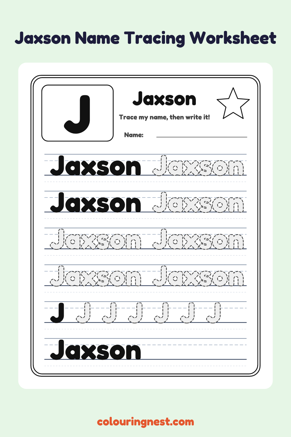 Jaxson Name Tracing Worksheet: free printable black-and-white line art