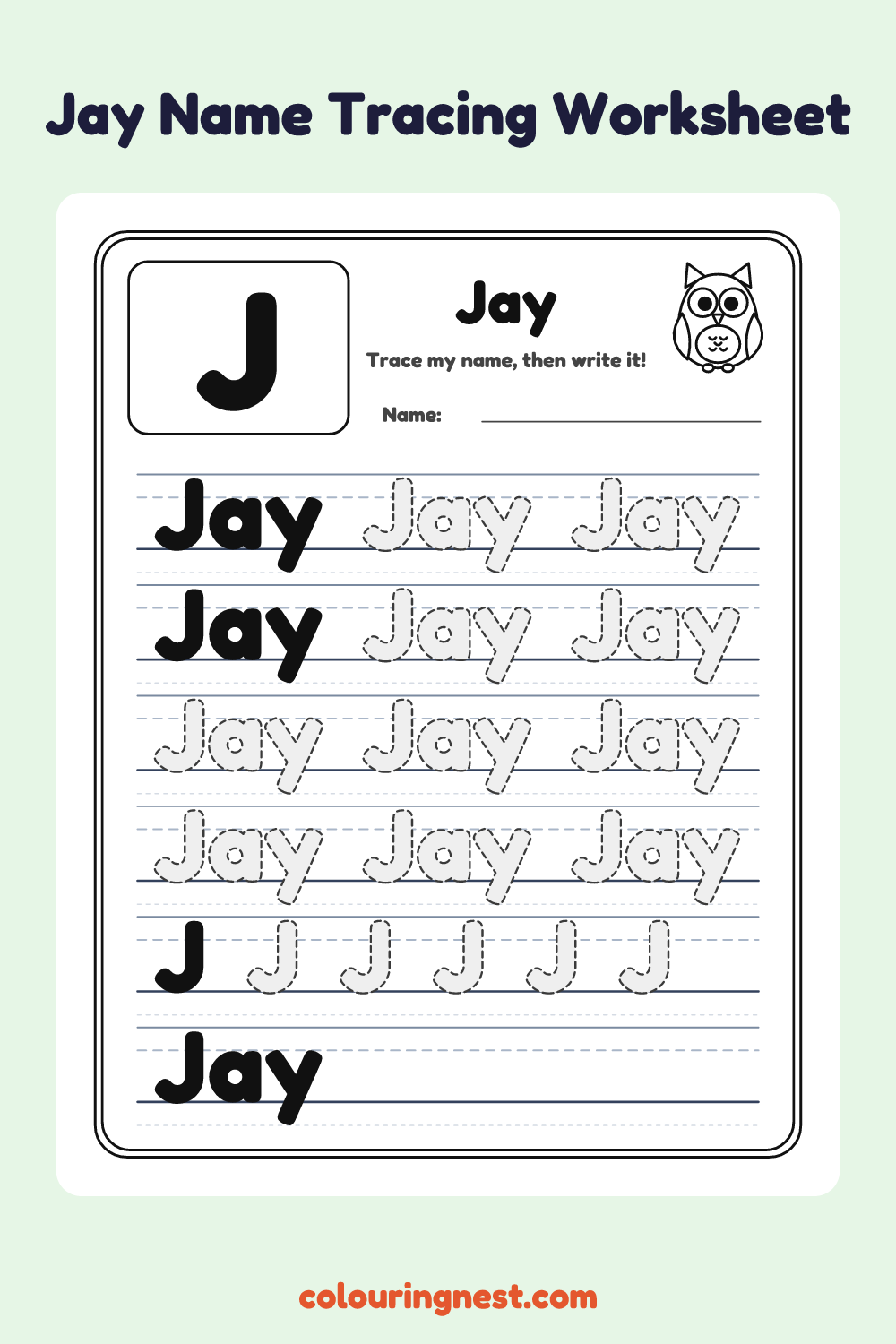 Jay Name Tracing Worksheet: free printable black-and-white line art