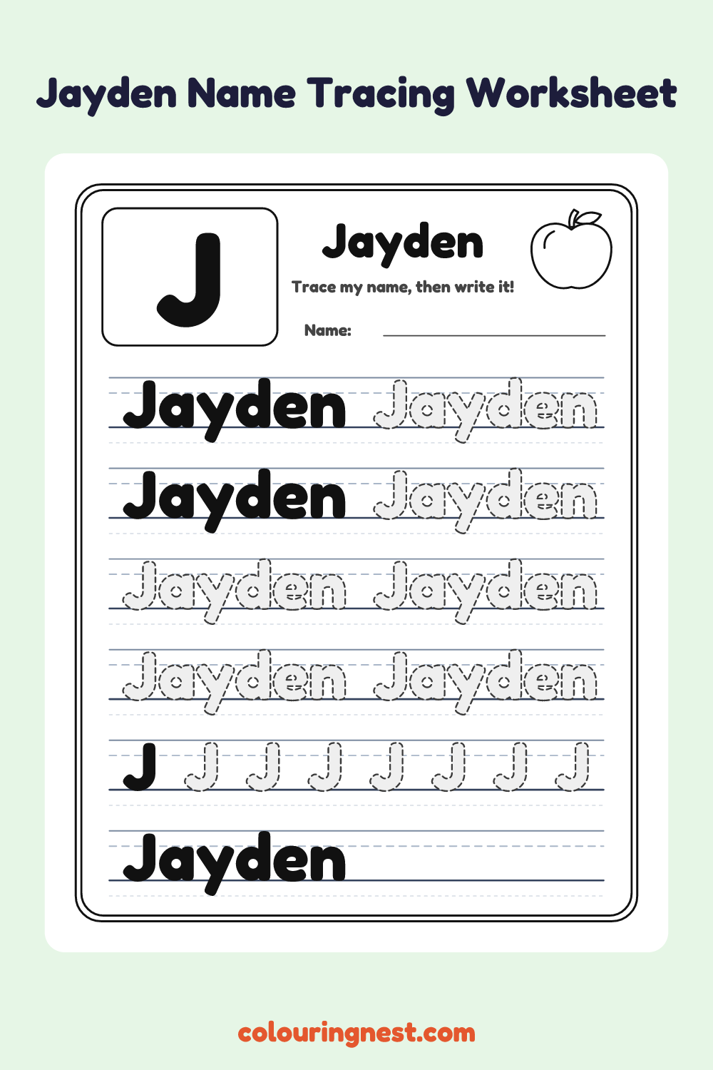 Jayden Name Tracing Worksheet: free printable black-and-white line art