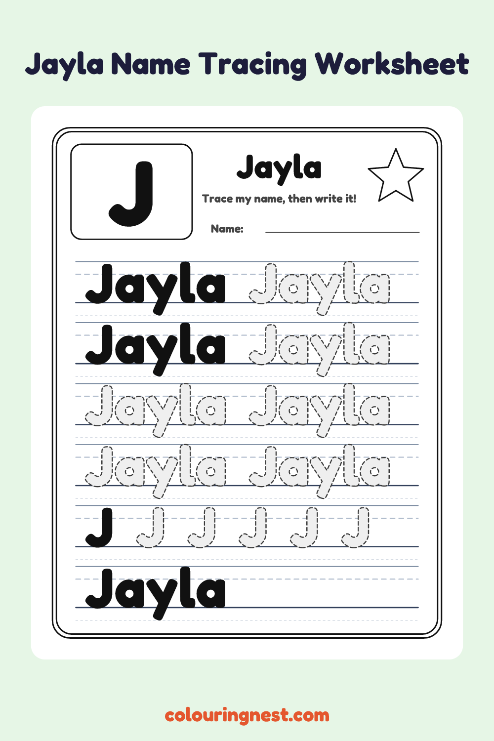 Jayla Name Tracing Worksheet: free printable black-and-white line art
