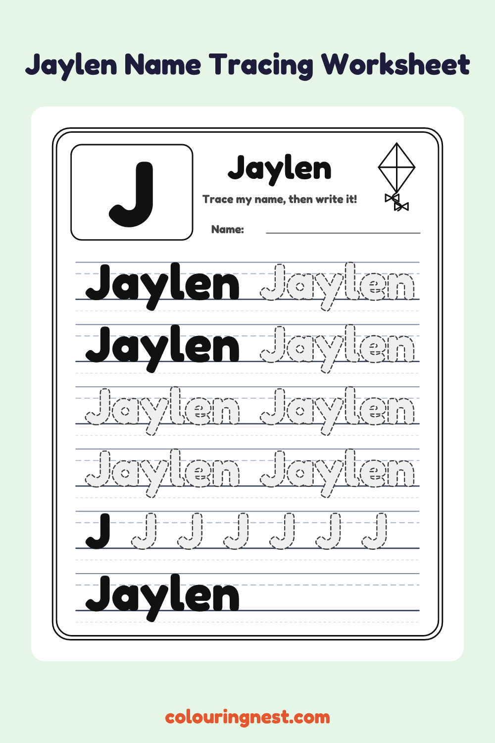 Jaylen Name Tracing Worksheet: free printable black-and-white line art
