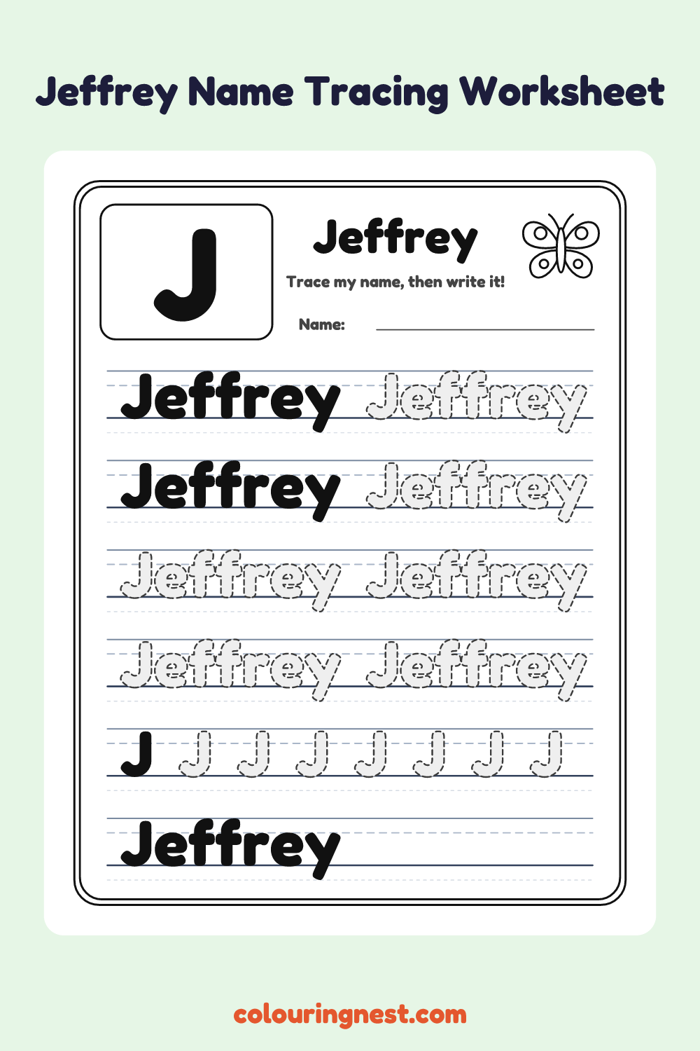 Jeffrey Name Tracing Worksheet: free printable black-and-white line art