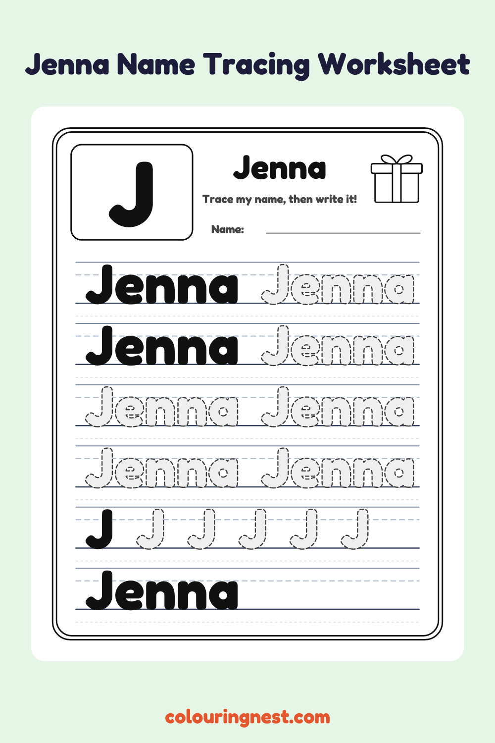 Jenna Name Tracing Worksheet: free printable black-and-white line art