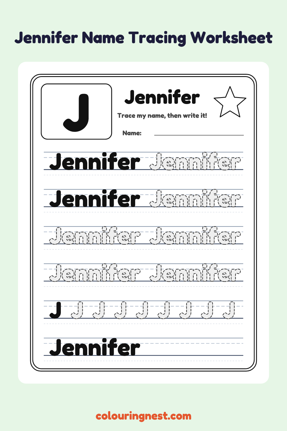 Jennifer Name Tracing Worksheet: free printable black-and-white line art
