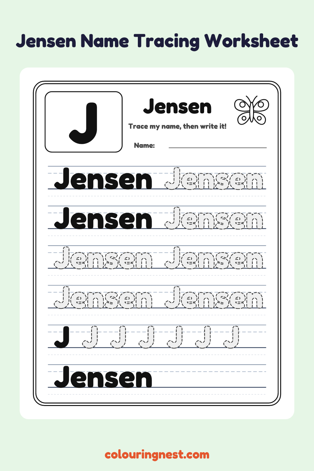 Jensen Name Tracing Worksheet: free printable black-and-white line art