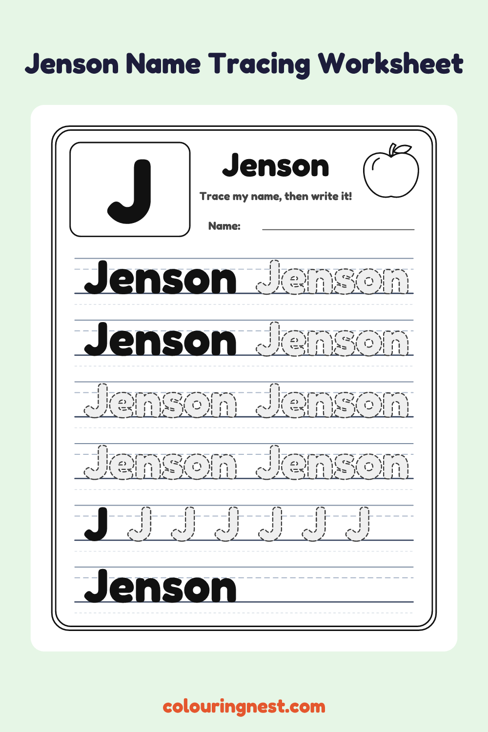 Jenson Name Tracing Worksheet: free printable black-and-white line art