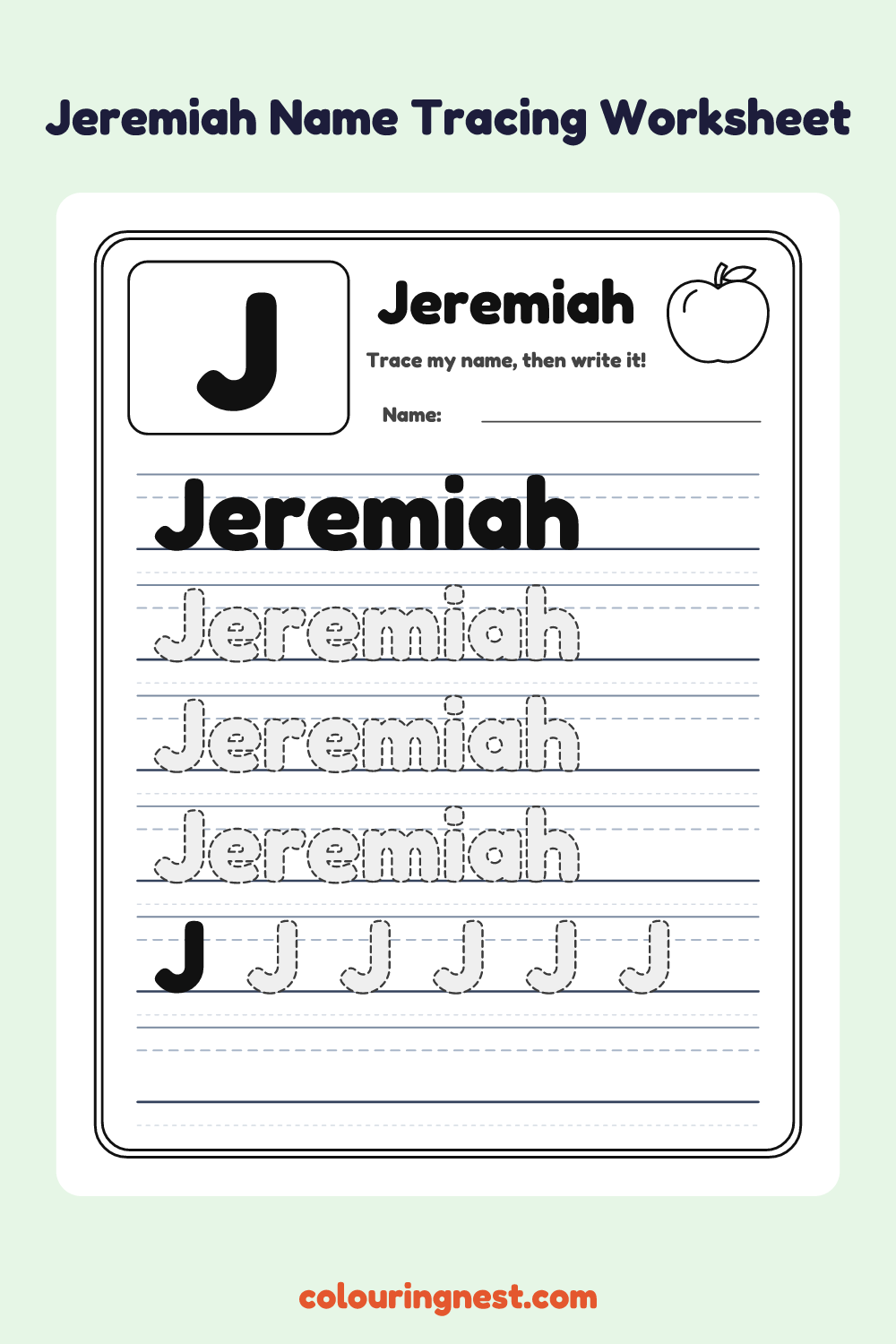 Jeremiah Name Tracing Worksheet: free printable black-and-white line art