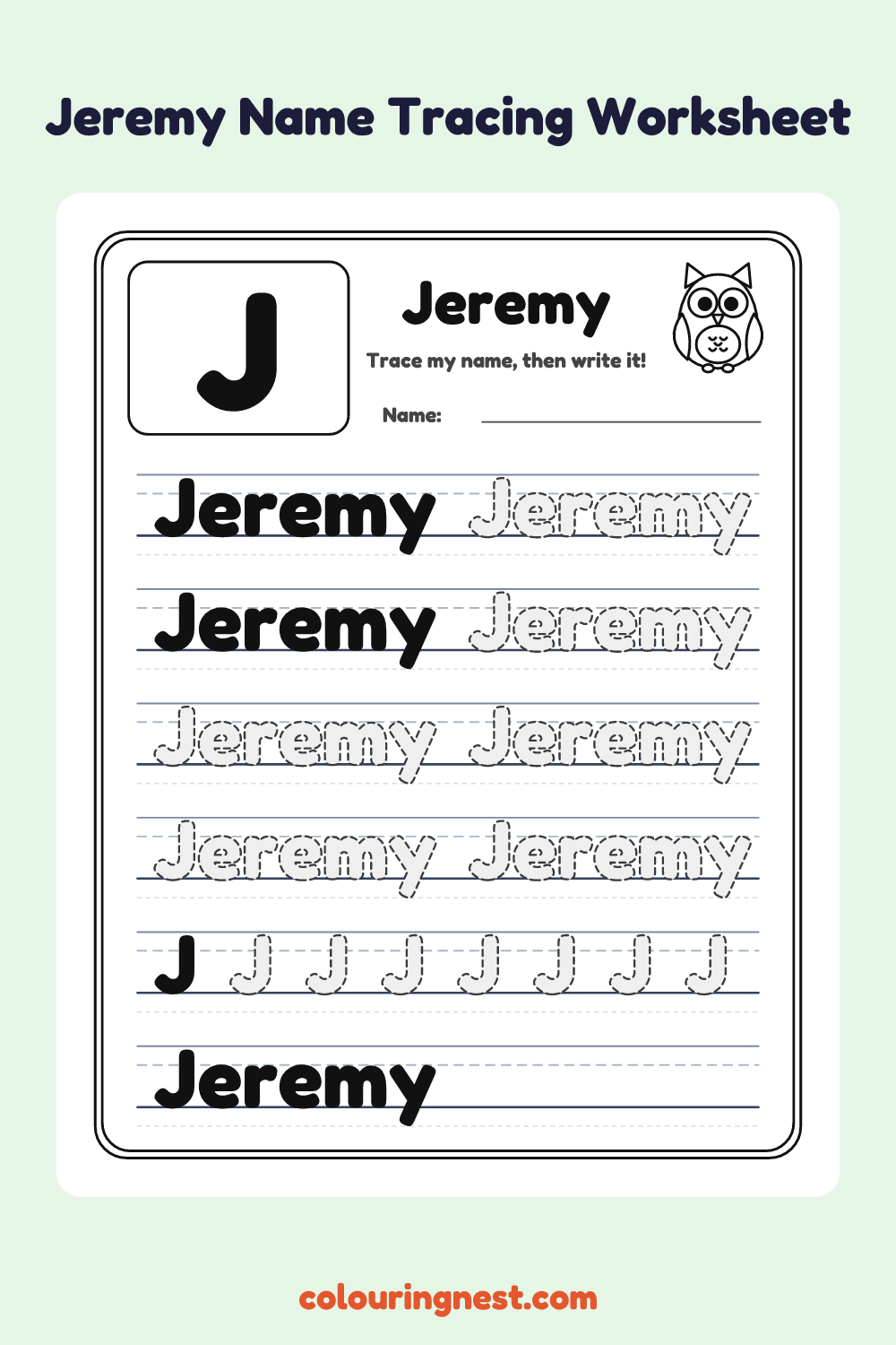 Jeremy Name Tracing Worksheet: free printable black-and-white line art