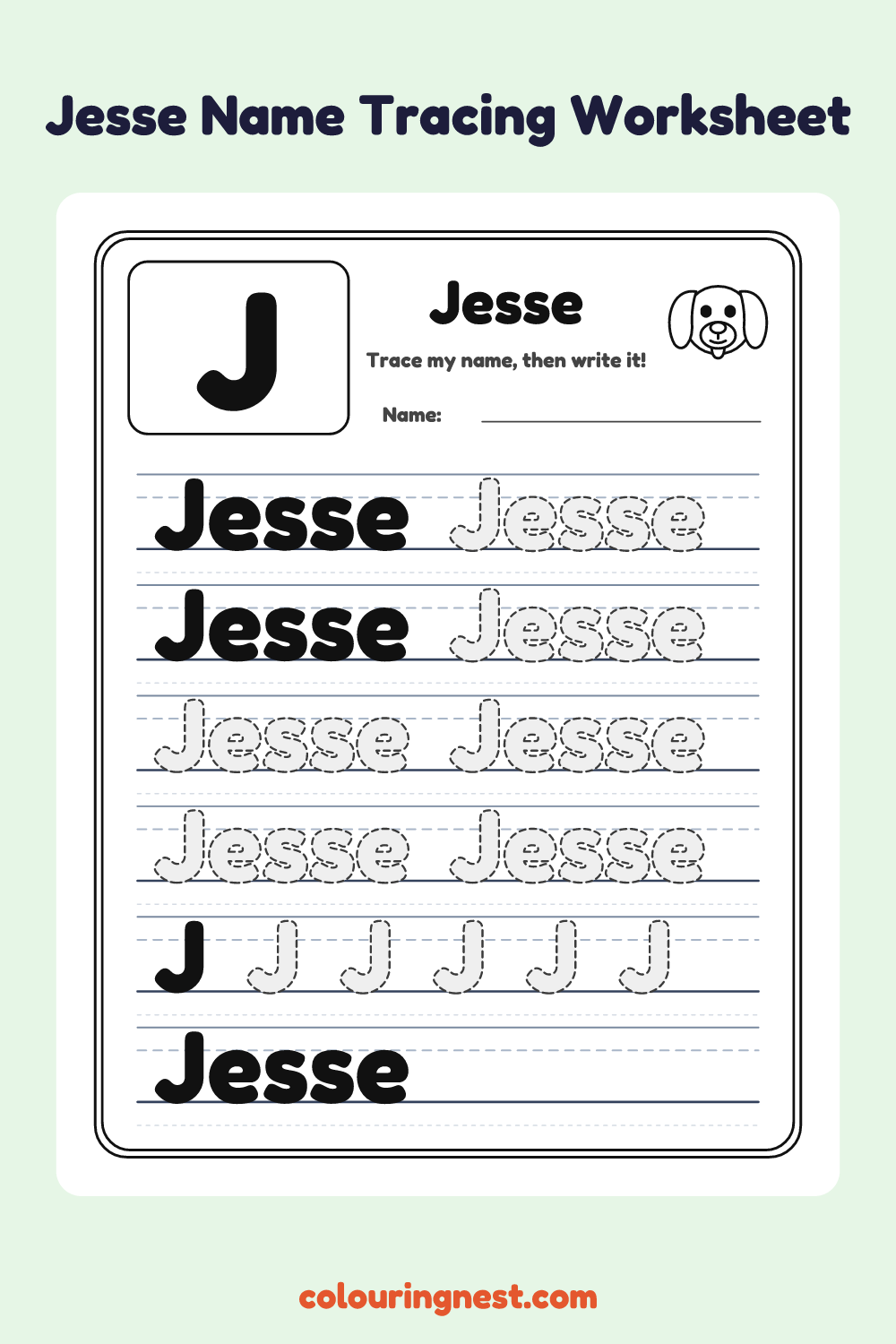 Jesse Name Tracing Worksheet: free printable black-and-white line art