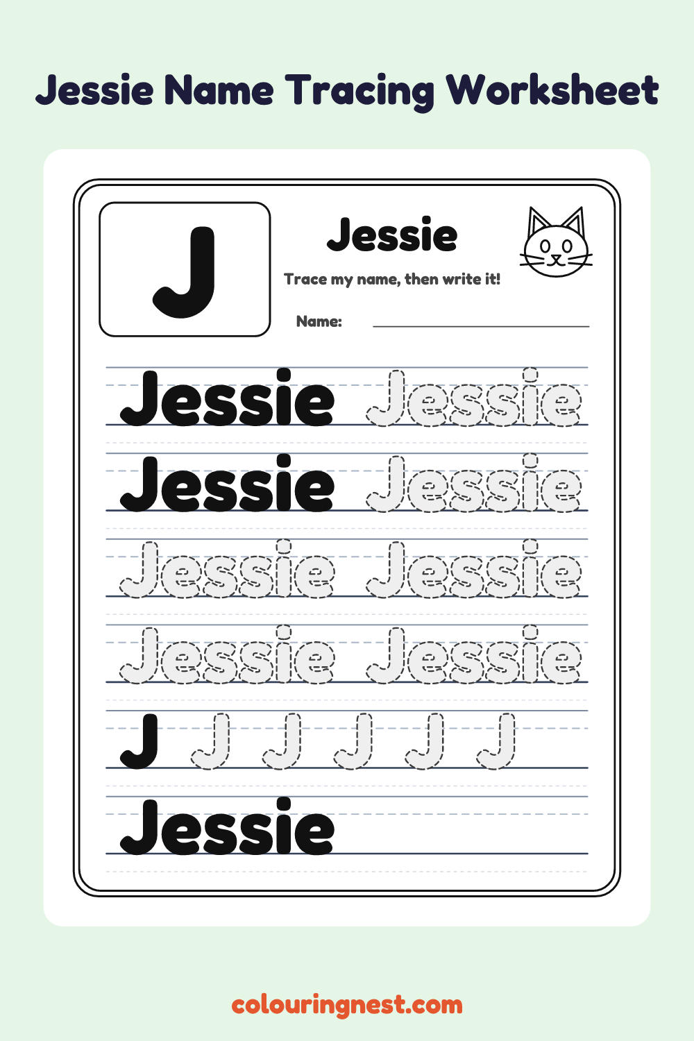 Jessie Name Tracing Worksheet: free printable black-and-white line art