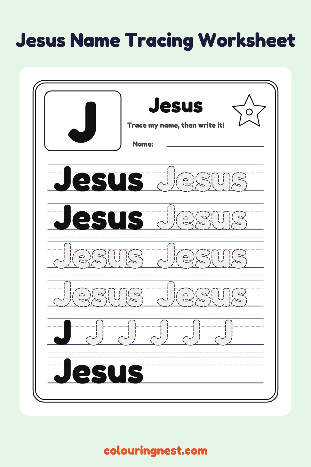 Jesus Name Tracing Worksheet: free printable black-and-white line art
