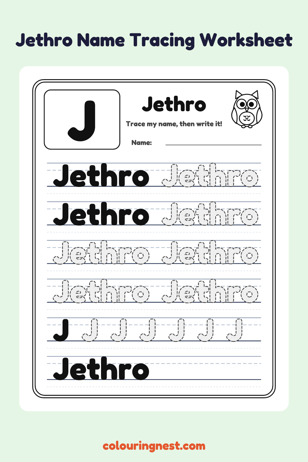Jethro Name Tracing Worksheet: free printable black-and-white line art
