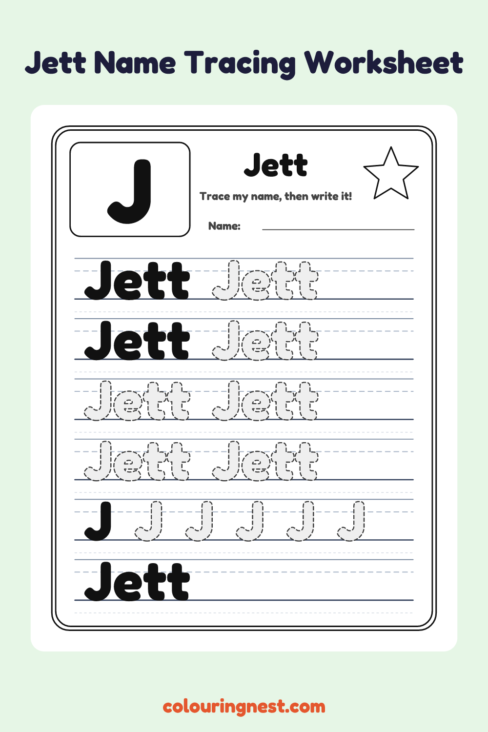 Jett Name Tracing Worksheet: free printable black-and-white line art