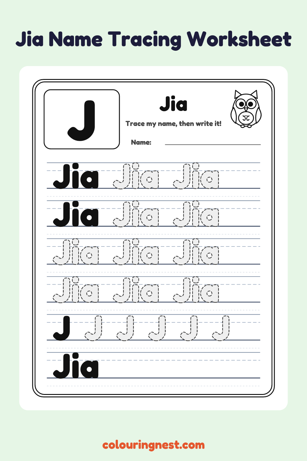 Jia Name Tracing Worksheet: free printable black-and-white line art