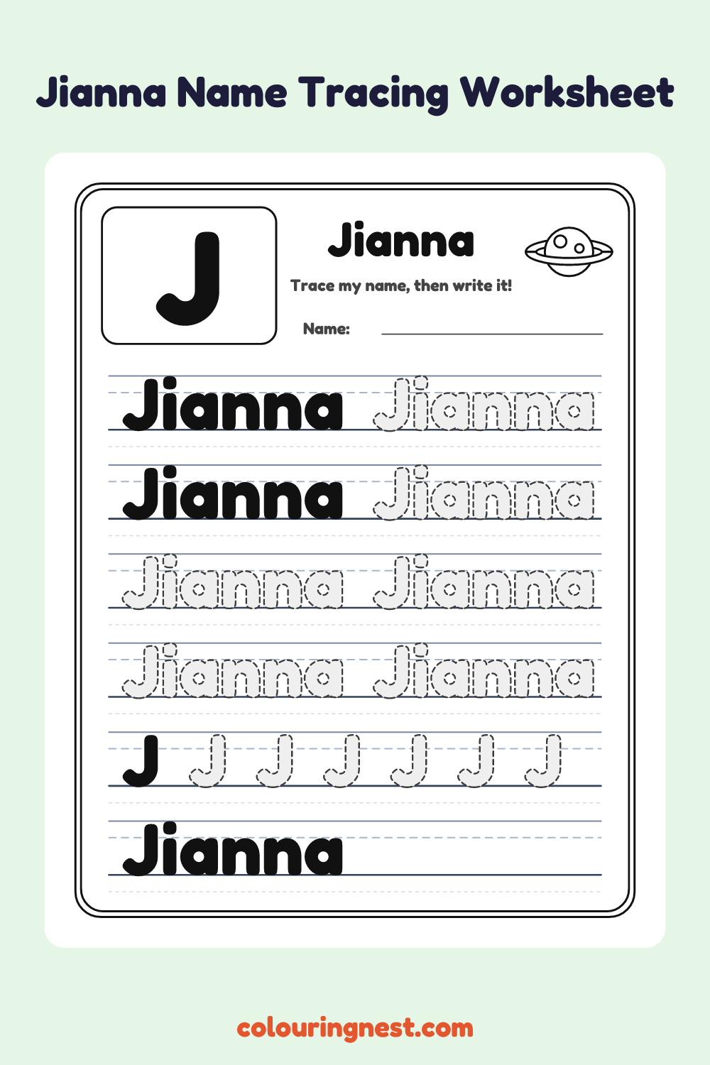 Jianna Name Tracing Worksheet: free printable black-and-white line art