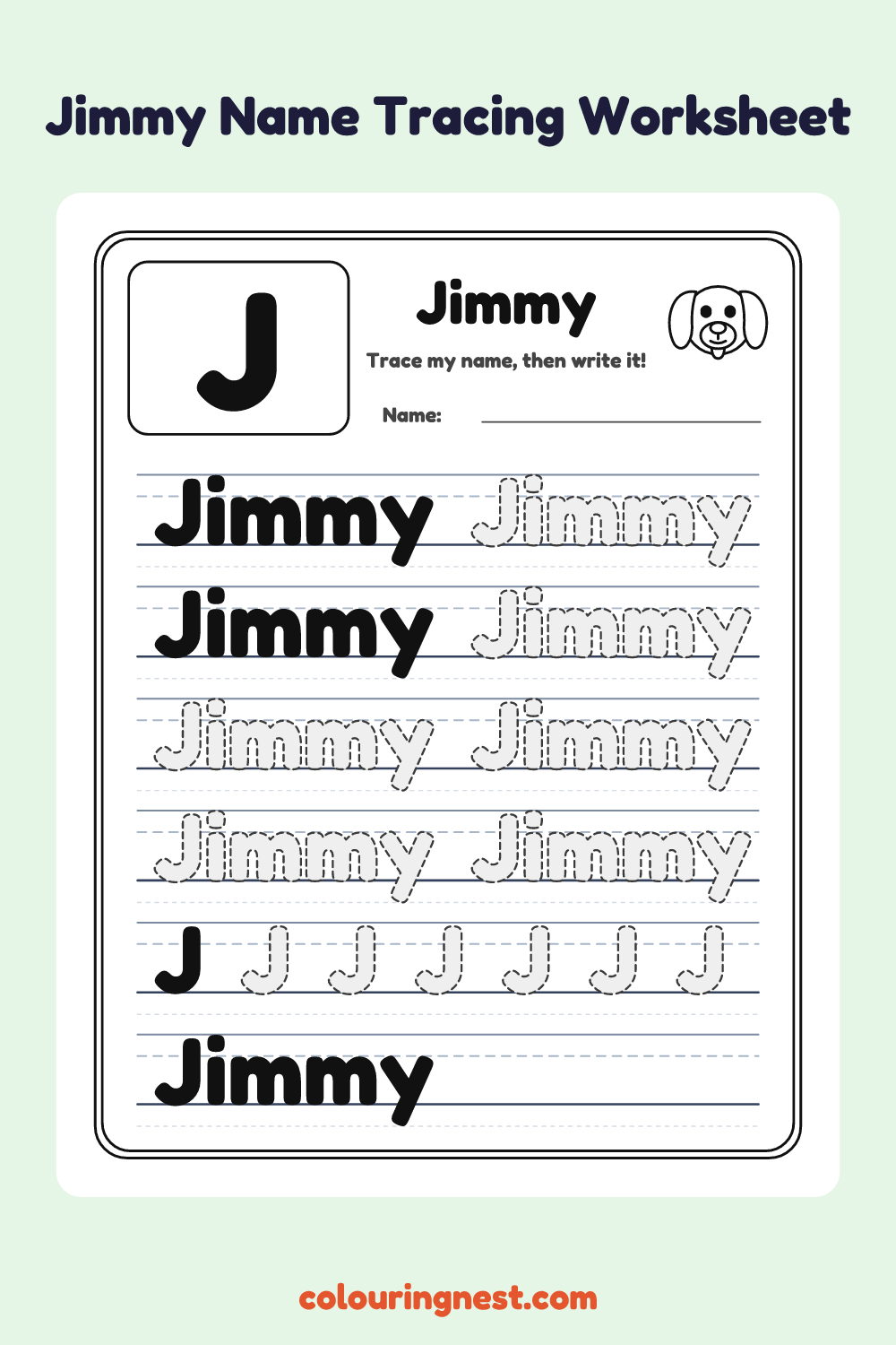 Jimmy Name Tracing Worksheet: free printable black-and-white line art