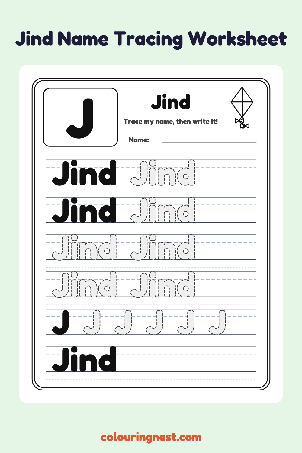 Jind Name Tracing Worksheet: free printable black-and-white line art