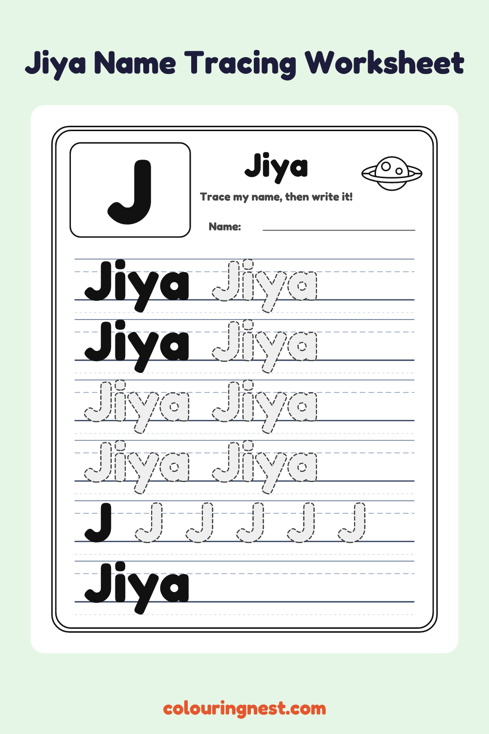 Jiya Name Tracing Worksheet: free printable black-and-white line art
