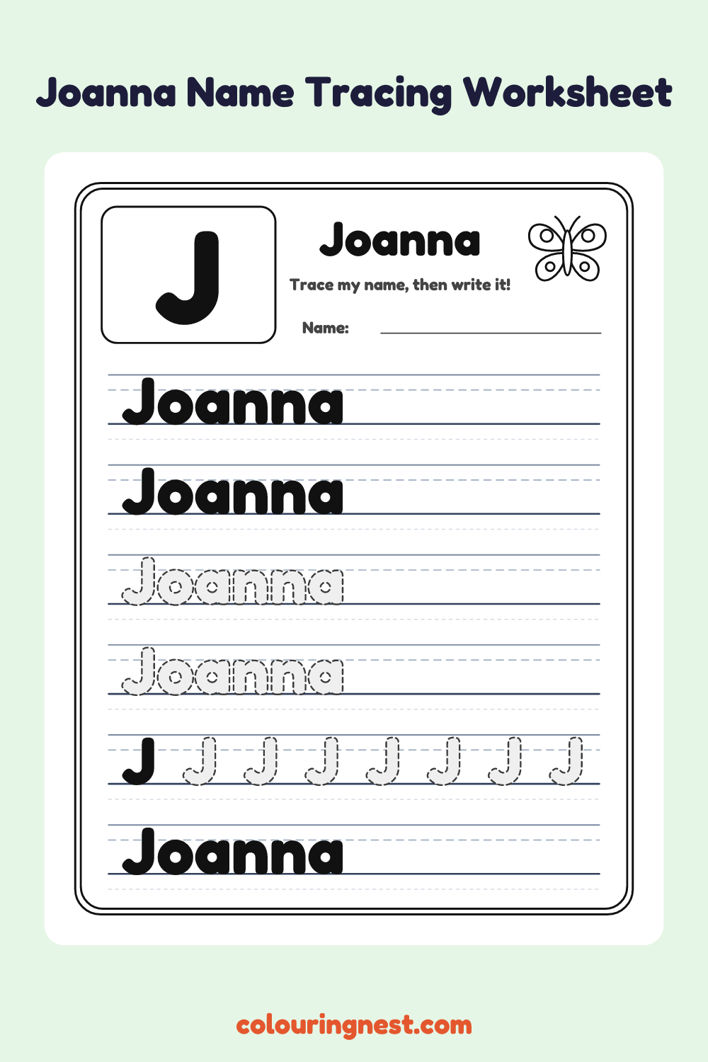 Joanna Name Tracing Worksheet: free printable black-and-white line art