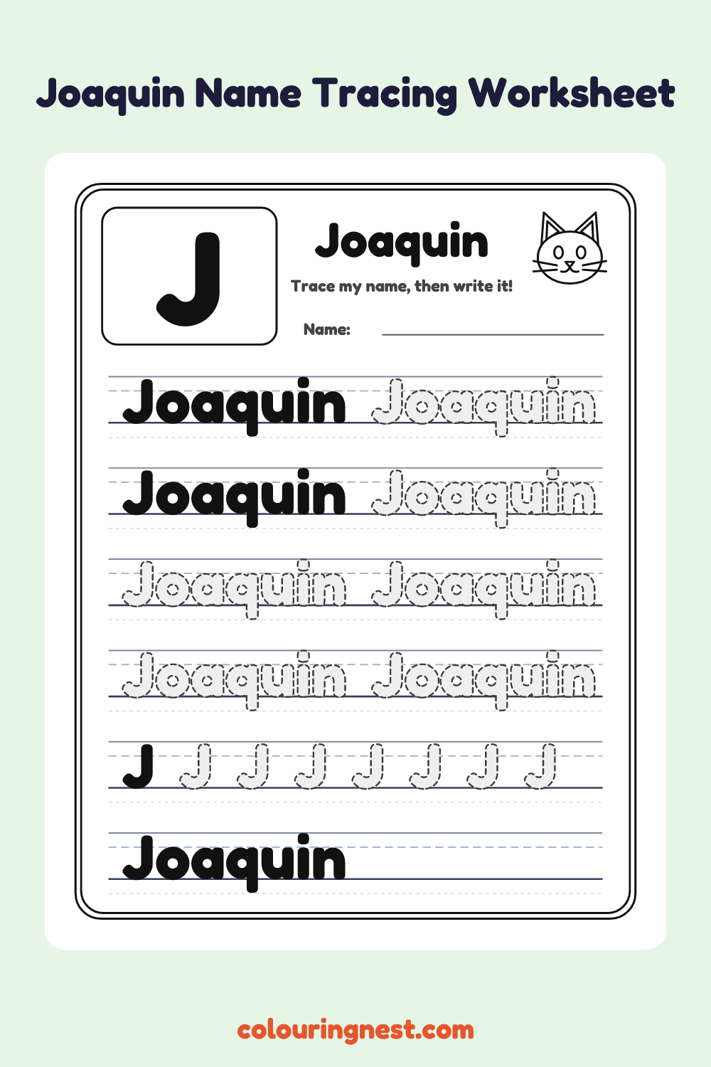 Joaquin Name Tracing Worksheet: free printable black-and-white line art
