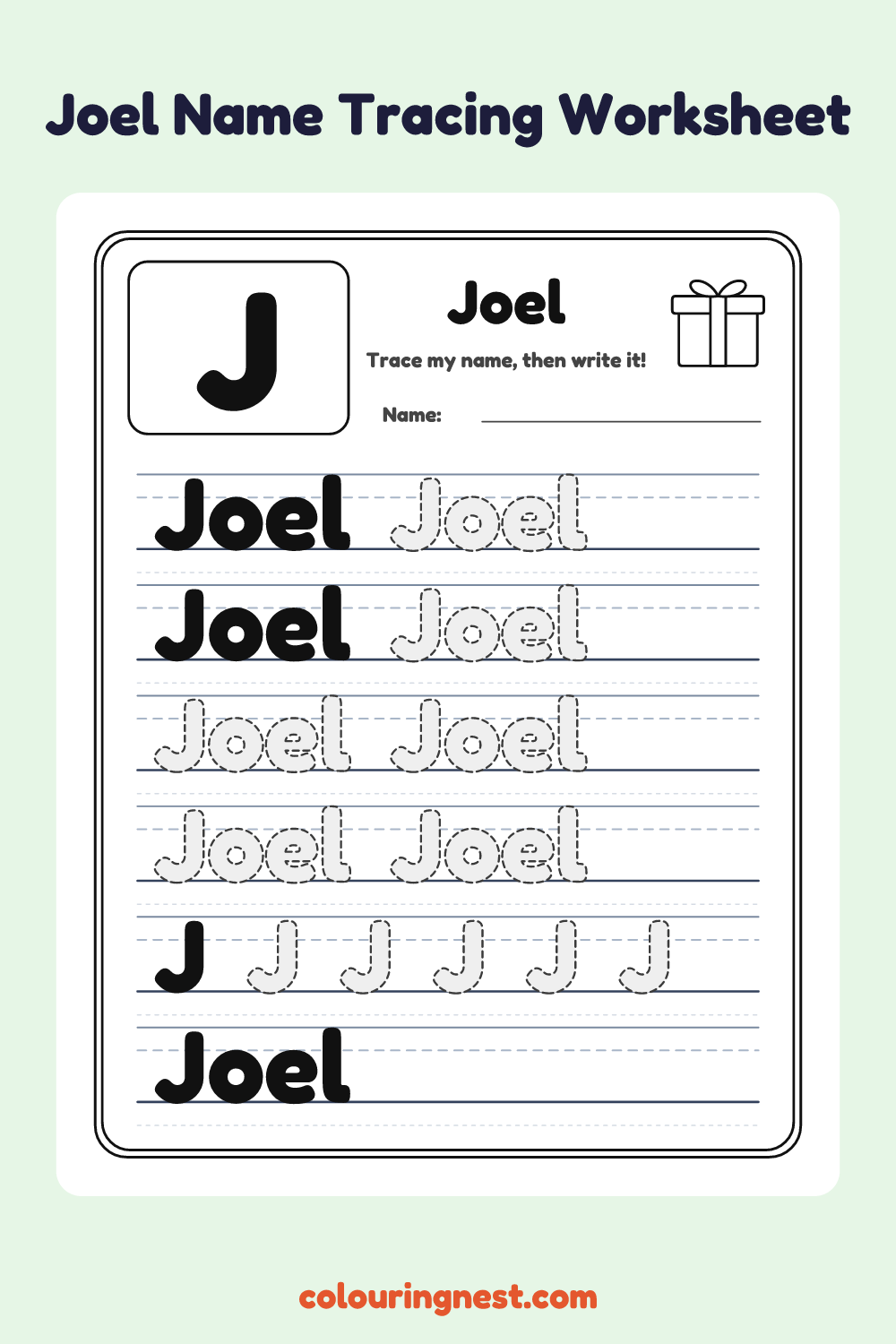 Joel Name Tracing Worksheet: free printable black-and-white line art