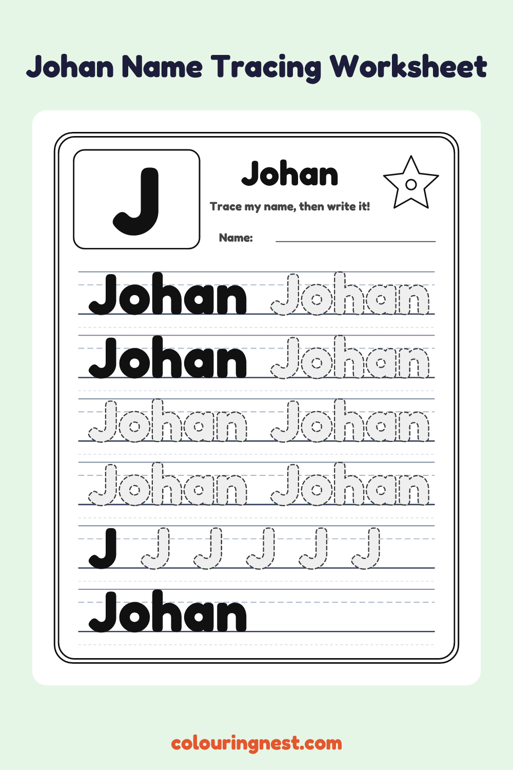 Johan Name Tracing Worksheet: free printable black-and-white line art