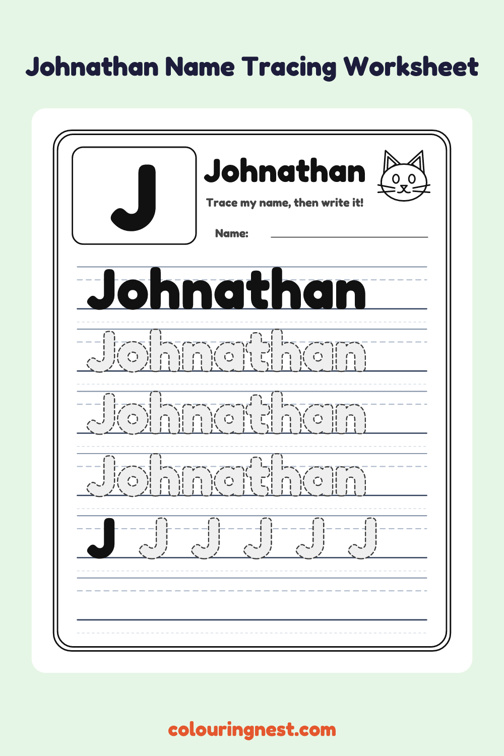 Johnathan Name Tracing Worksheet: free printable black-and-white line art