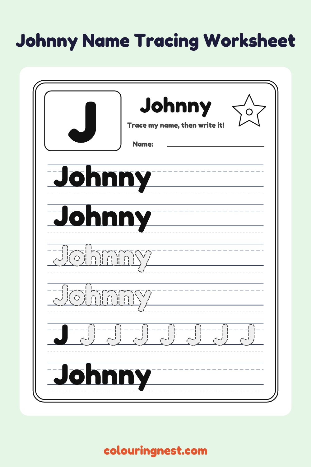 Johnny Name Tracing Worksheet: free printable black-and-white line art