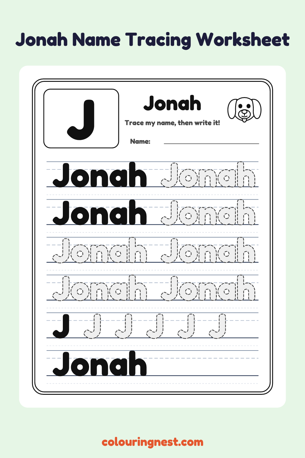 Jonah Name Tracing Worksheet: free printable black-and-white line art