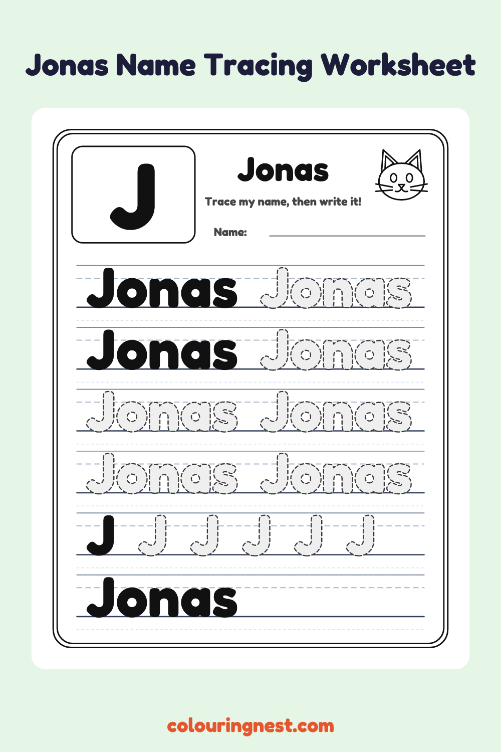 Jonas Name Tracing Worksheet: free printable black-and-white line art
