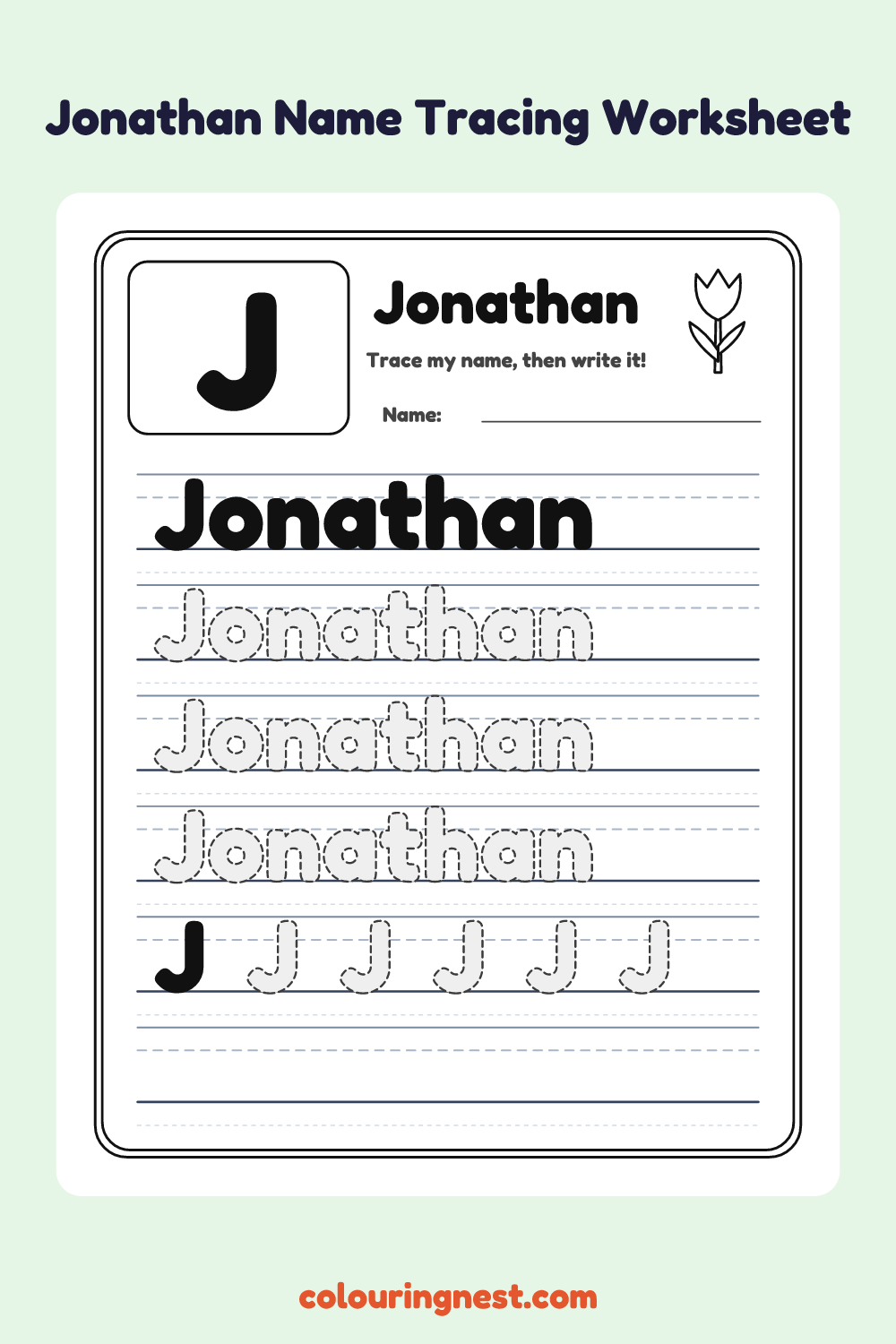 Jonathan Name Tracing Worksheet: free printable black-and-white line art
