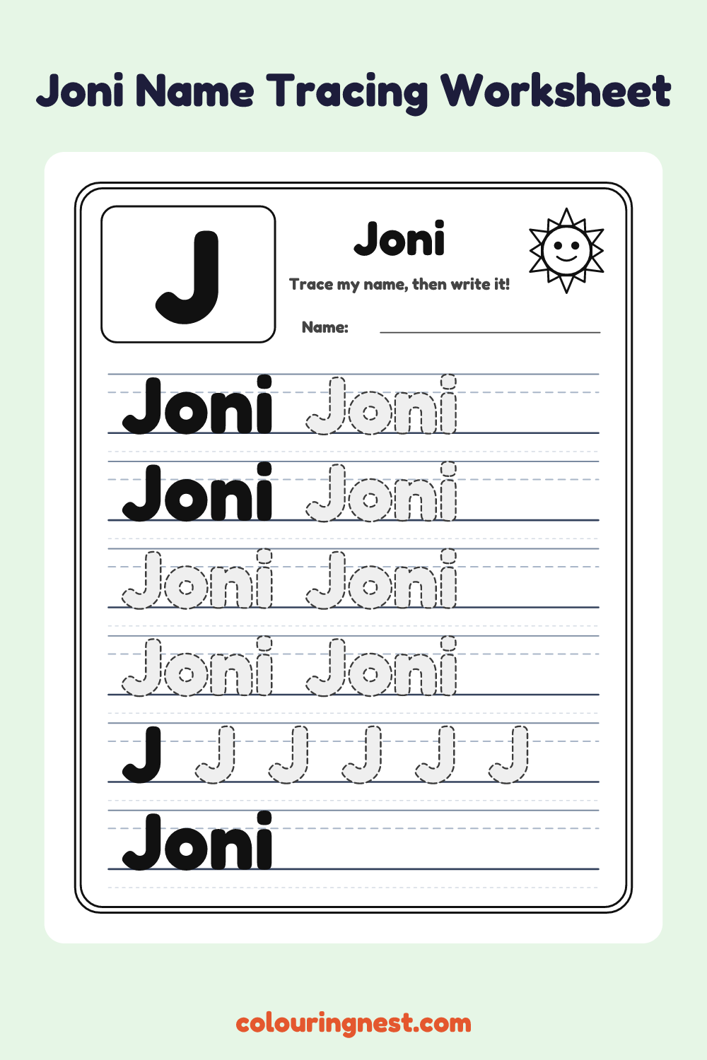 Joni Name Tracing Worksheet: free printable black-and-white line art