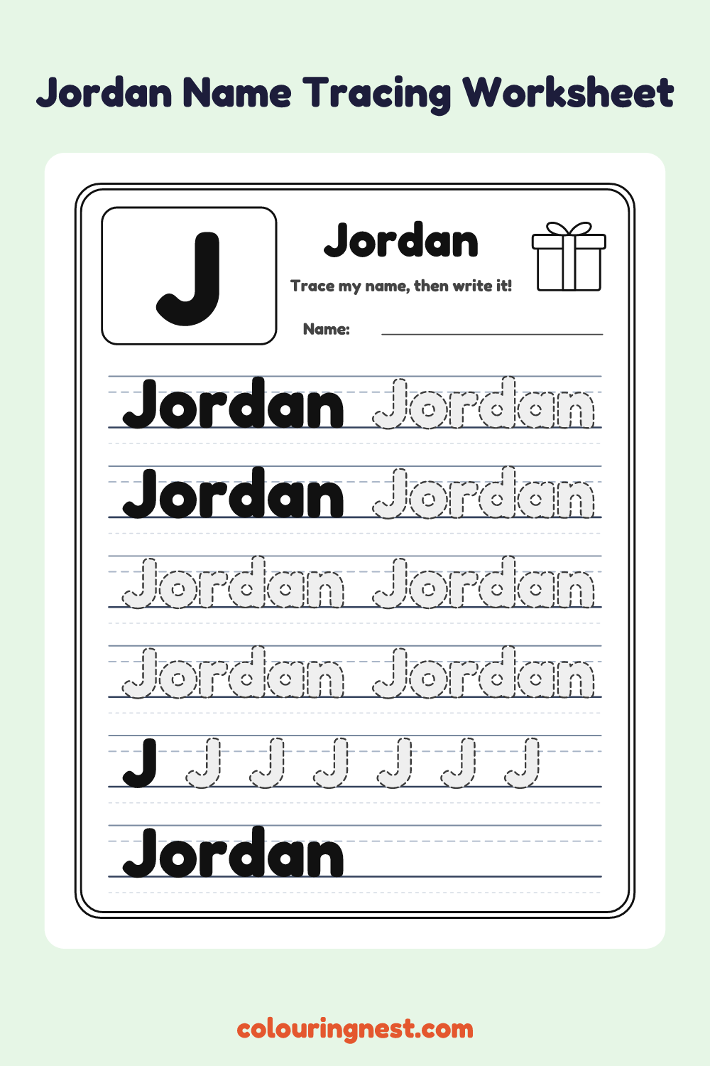 Jordan Name Tracing Worksheet: free printable black-and-white line art