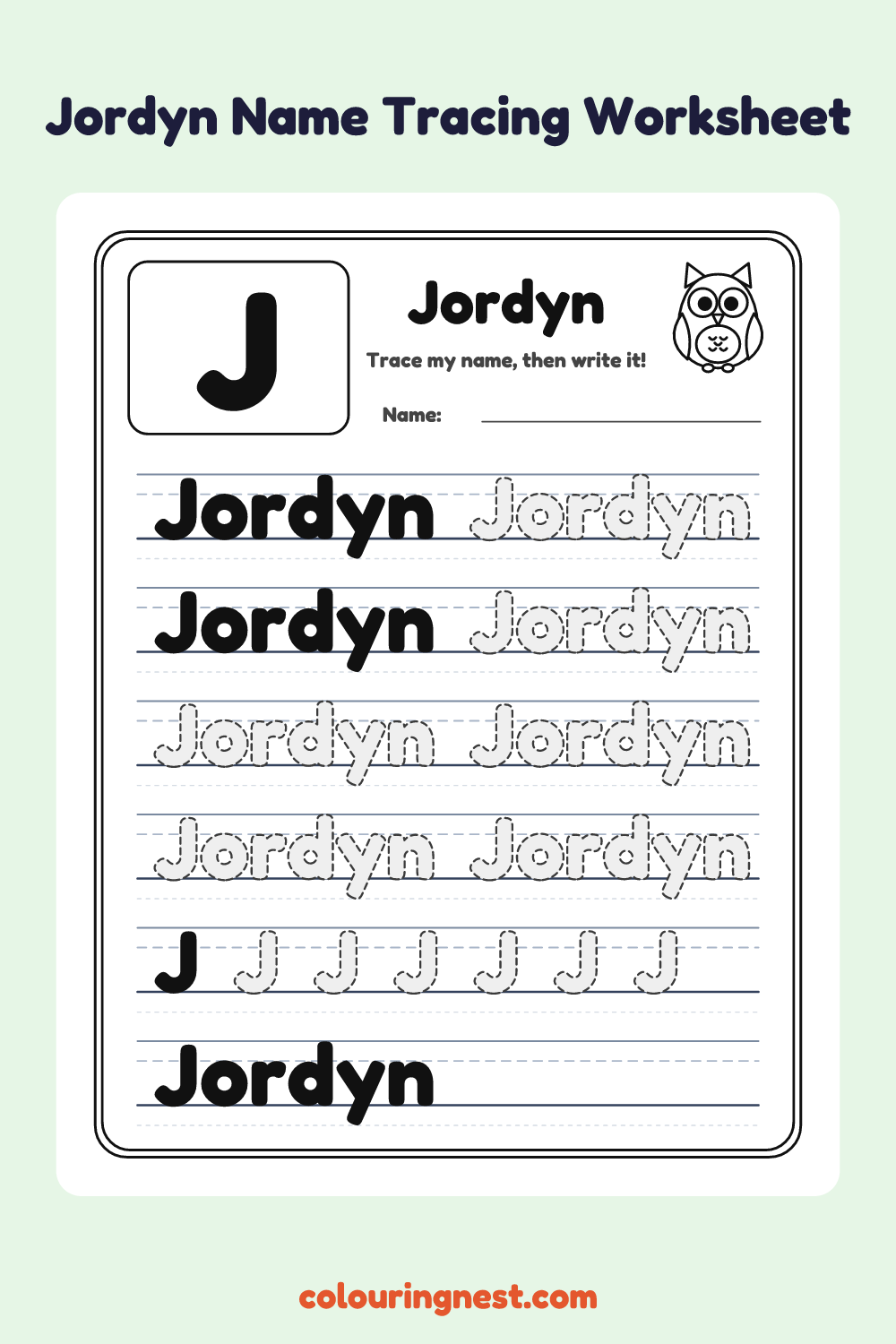 Jordyn Name Tracing Worksheet: free printable black-and-white line art