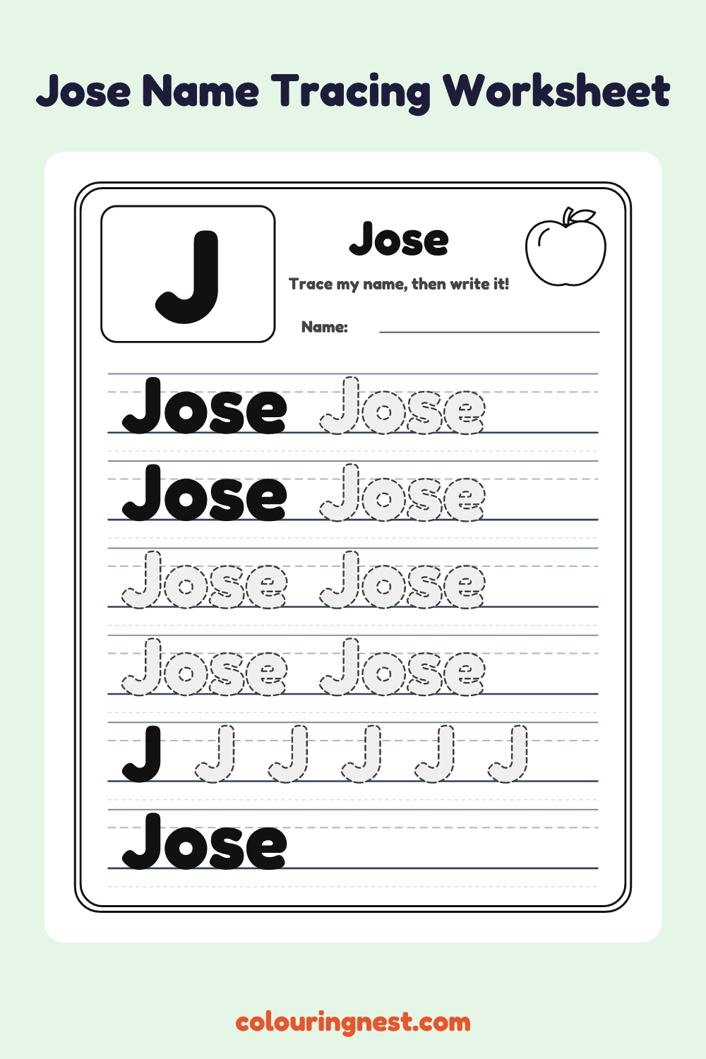 Jose Name Tracing Worksheet: free printable black-and-white line art