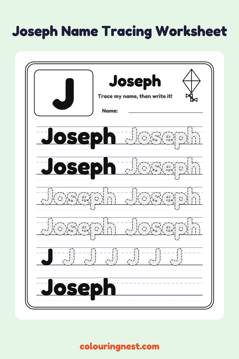 Joseph Name Tracing Worksheet: free printable black-and-white line art